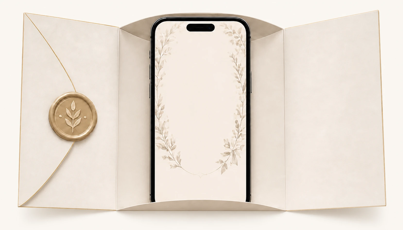 An ivory invitation opens around a digital invitation, with a botanical gold wax seal